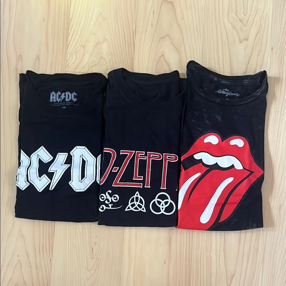 AC/DC, Led Zeppelin, and te Rolling Stones graphic tees 3 bundle